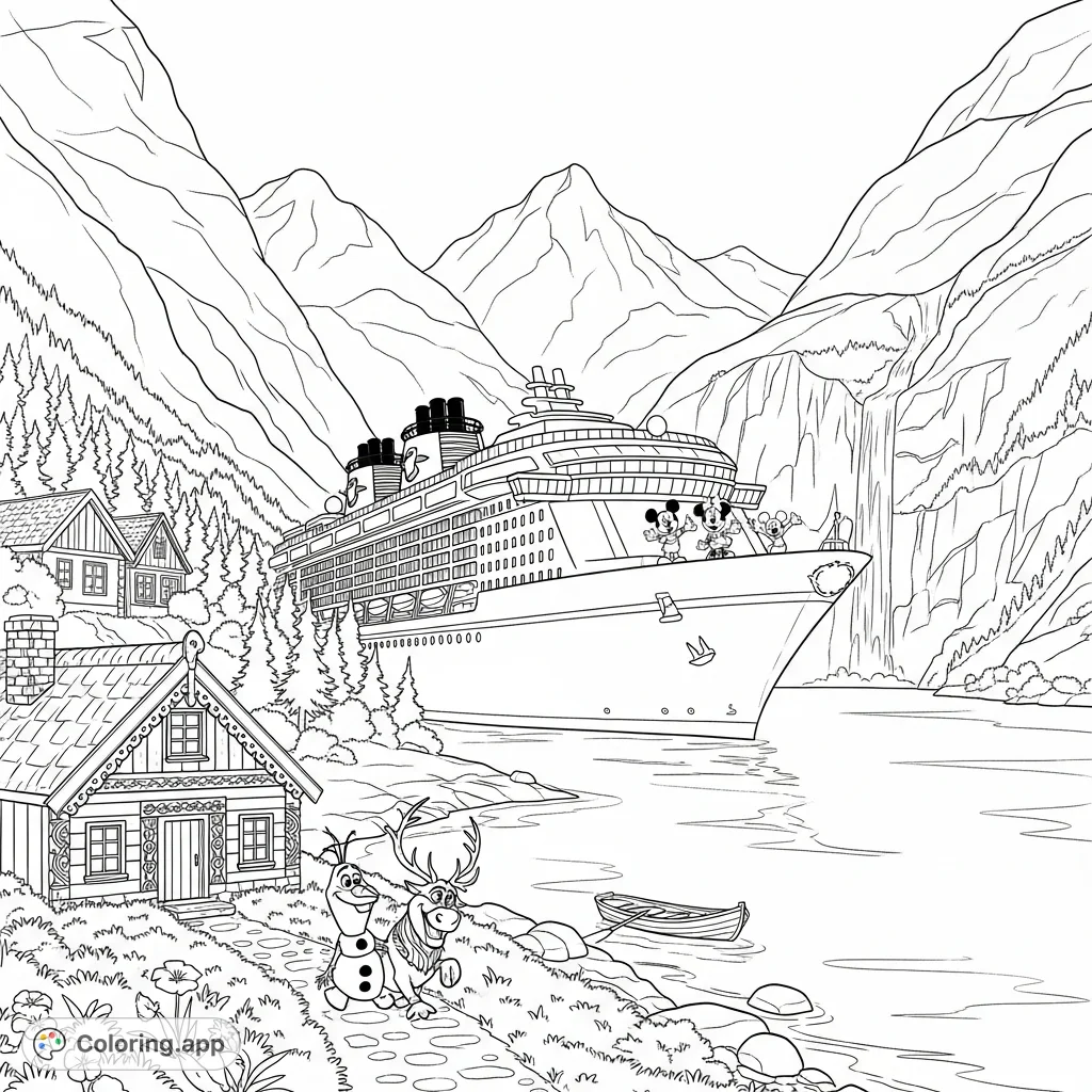 A magical Disney cruise scene in Olden, Norway! Mickey, Minnie, Olaf, and Sven explore a stunning fjord with mountains, waterfalls, and the Disney Dream.