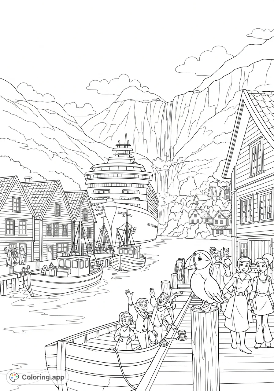 Embark on a magical Haugesund Disney style coloring page adventure. Explore charming Norwegian townscapes, bustling harbors, and majestic fjords.