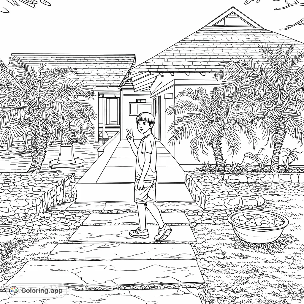 Explore a tropical resort scene featuring a playful child on a paved path, surrounded by palm trees, water features, and modern architecture.