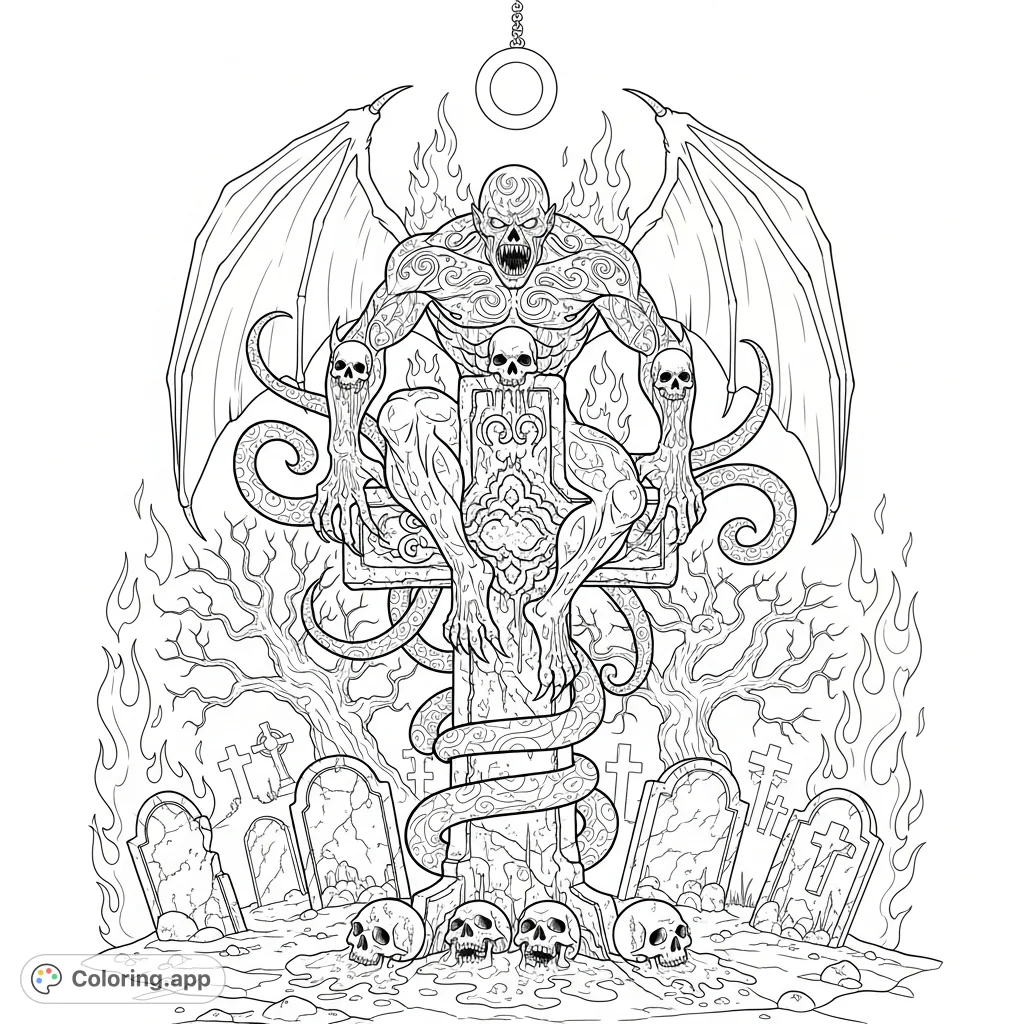 Discover a monstrous guardian perched on an ornate, weathered stone cross in a desolate graveyard scene, complete with swirling patterns and gnarled trees.