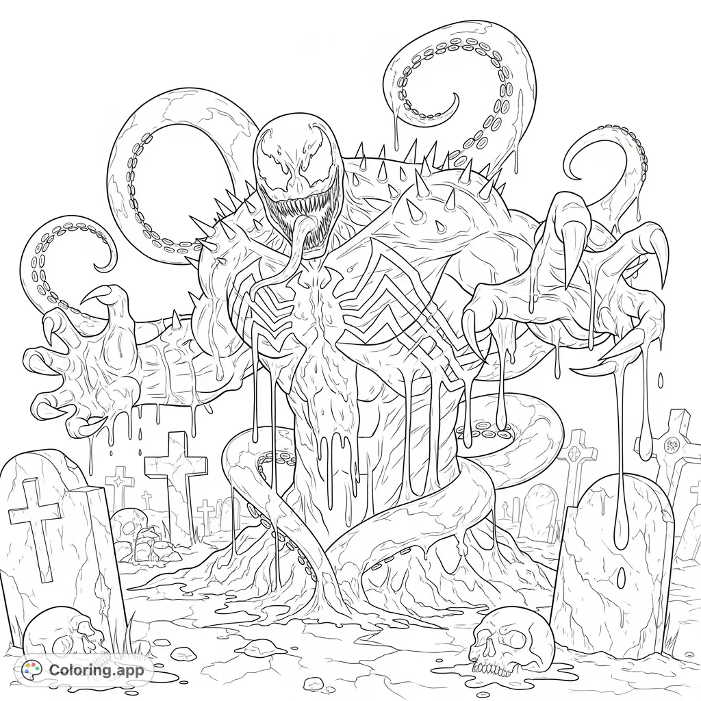 Unleash your creativity with this monstrous Venom coloring page! A horrifying figure erupts from a desolate cemetery, sharp spikes and tentacles.