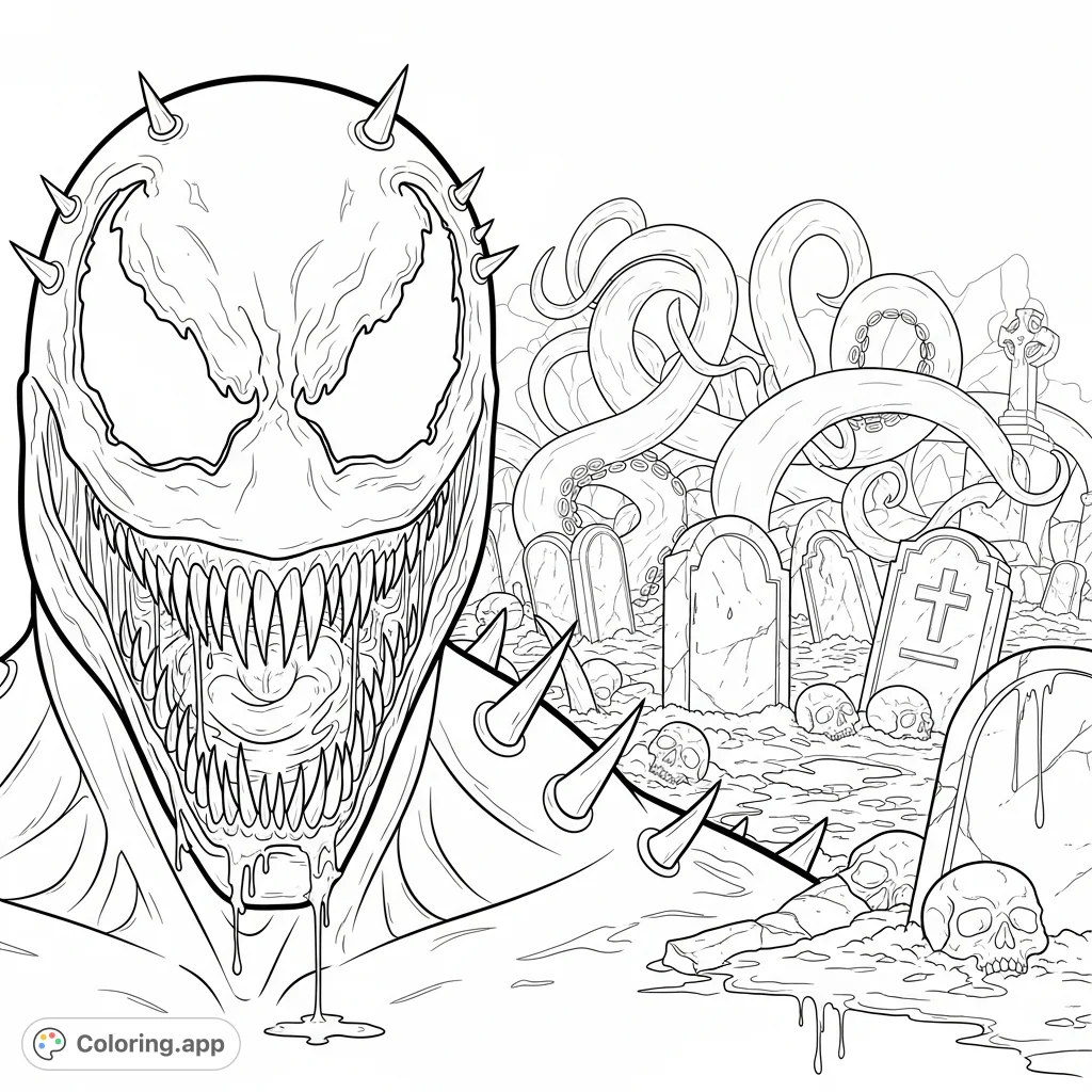 A chilling close-up of Venom's horrifying face, featuring razor-sharp teeth, jagged spikes, and grotesque tentacles snaking through a desolate cemetery.