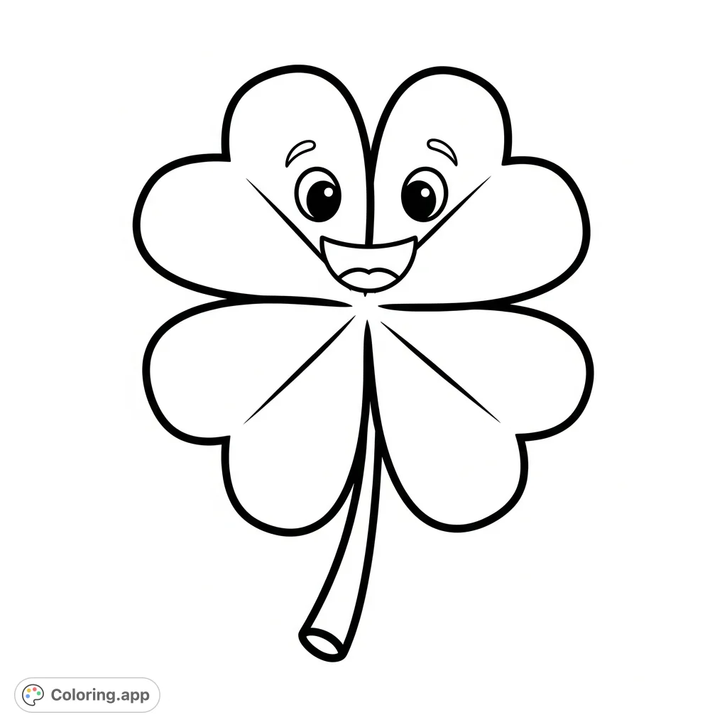 A cheerful clover with a happy, smiling face, featuring bold outlines and large shapes for an easy and fun coloring experience. Perfect for kids!