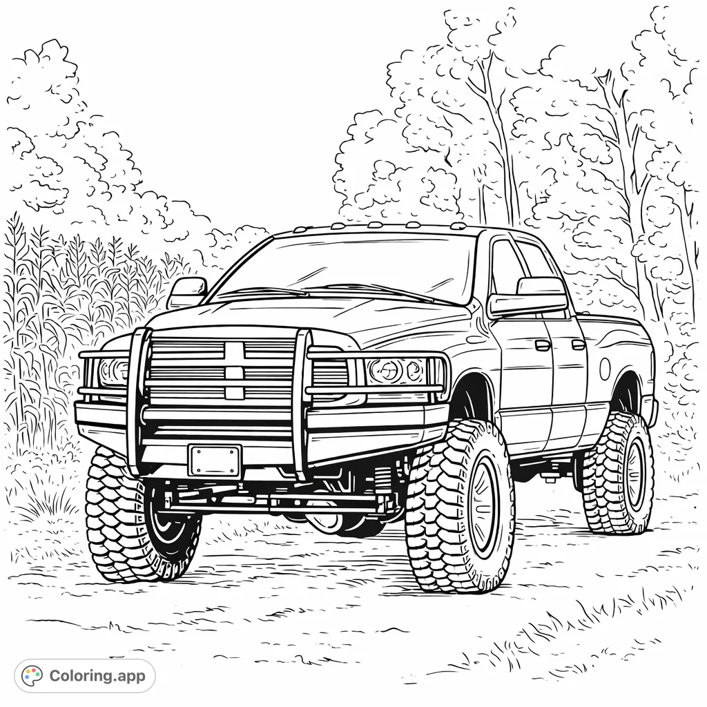 Explore the details of a powerful, lifted pickup truck with a heavy-duty grille guard and aggressive off-road tires in a natural, unpaved setting.