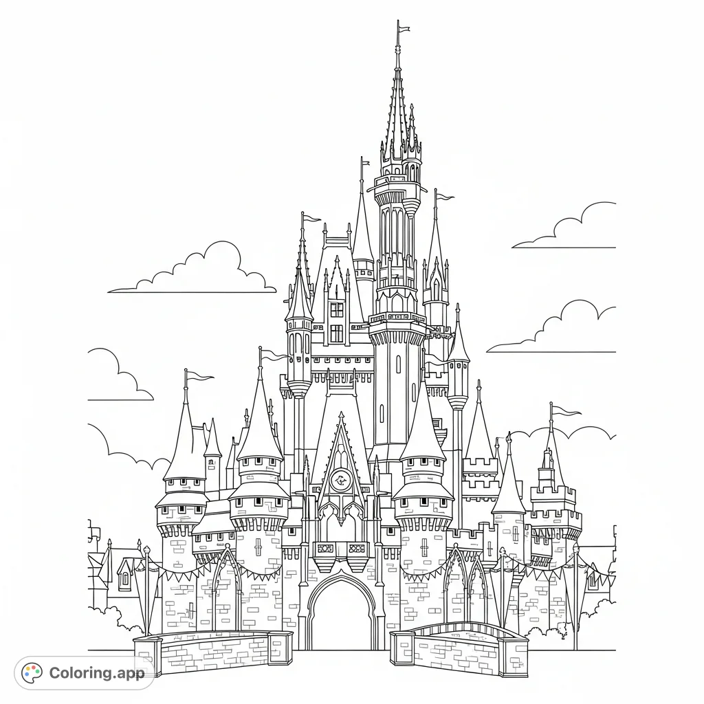 Color the iconic Cinderella Castle from Disney World's Magic Kingdom. A charming, easy-to-color depiction with spires, turrets, and celebratory bunting.