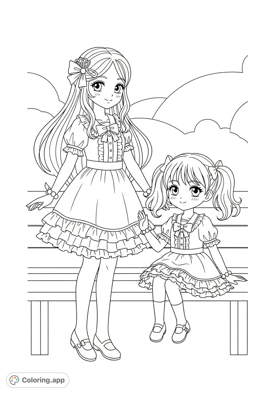 Delightful anime girls with charming details, perfect for a fun coloring session. Express your creativity with this adorable free printable anime girls coloring page.