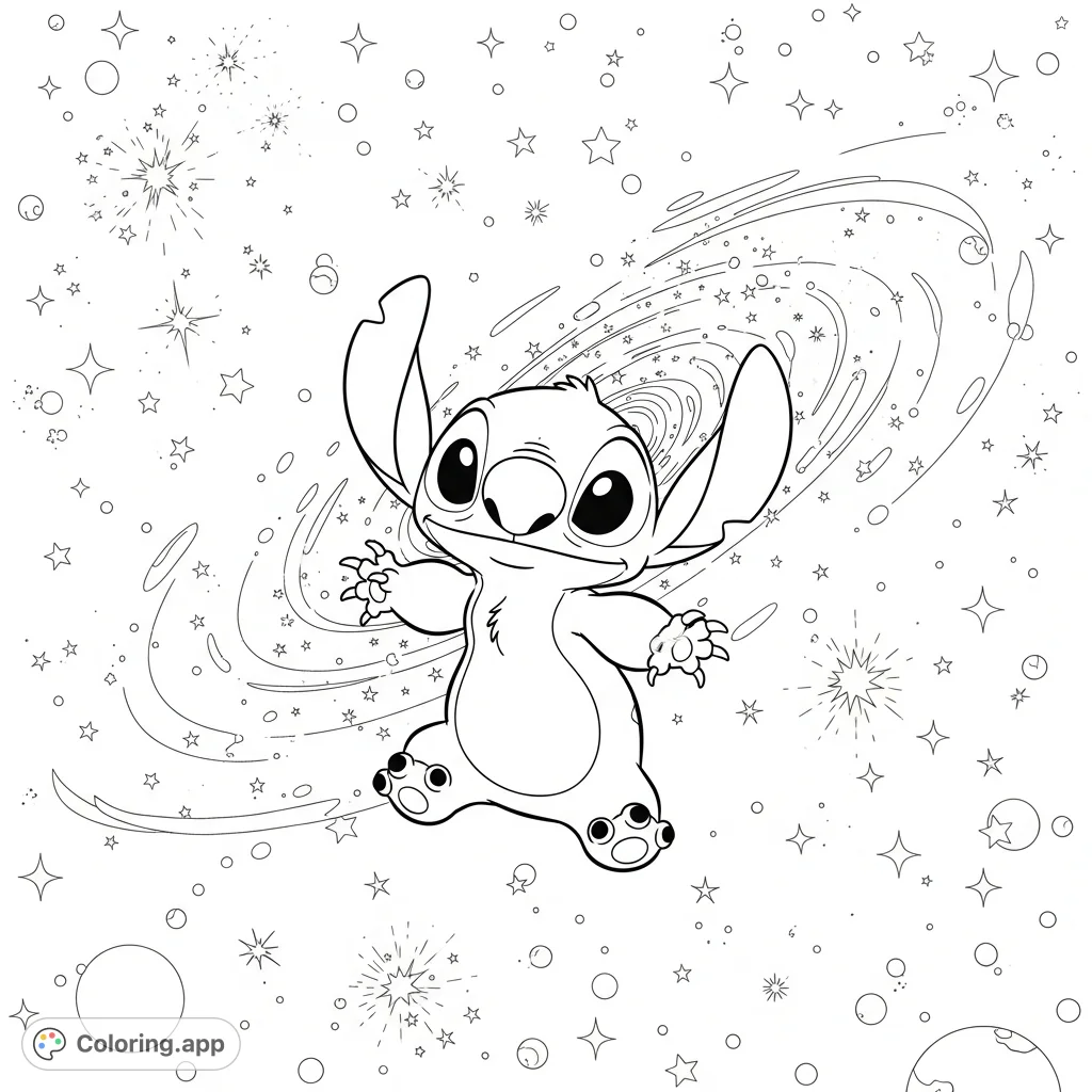Join Stitch on an epic journey through a vibrant galaxy, surrounded by shimmering stars and cosmic nebulae. A fun, free printable coloring page.