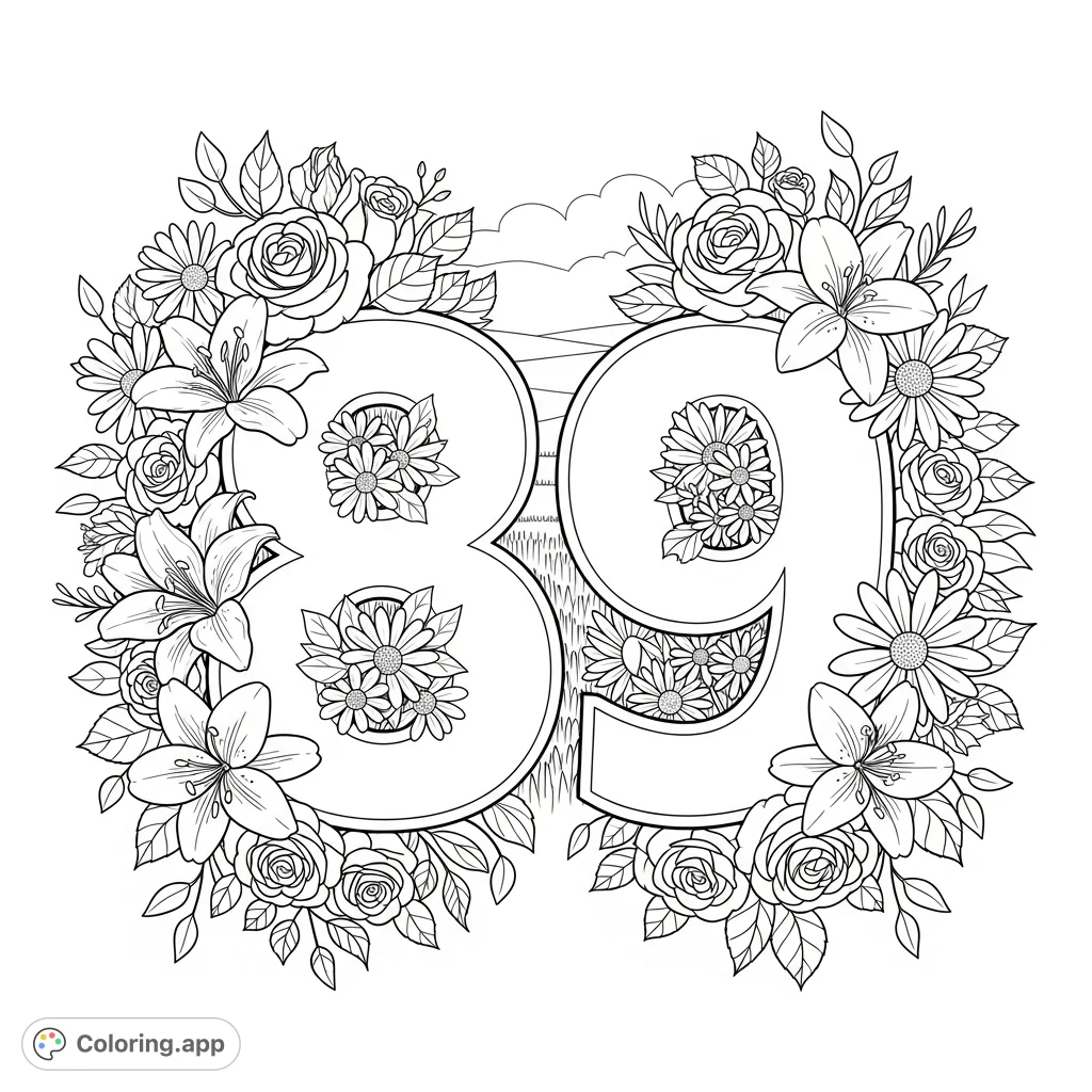 A striking "89" surrounded by a lush, intricate explosion of roses, lilies, and daisies. A detailed floral design perfect for celebrating milestones.