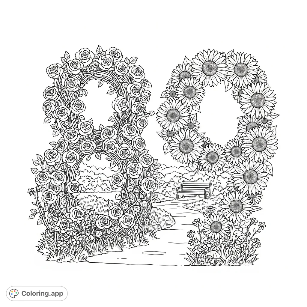 Discover the unique '89' crafted from climbing roses and sunflowers along a charming garden path. A detailed floral numbers coloring page for all ages.