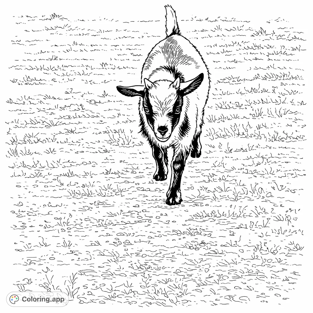 Discover this charming kid goat coloring page! Features a cute young goat walking through a field, perfect for animal lovers and farm-themed fun.