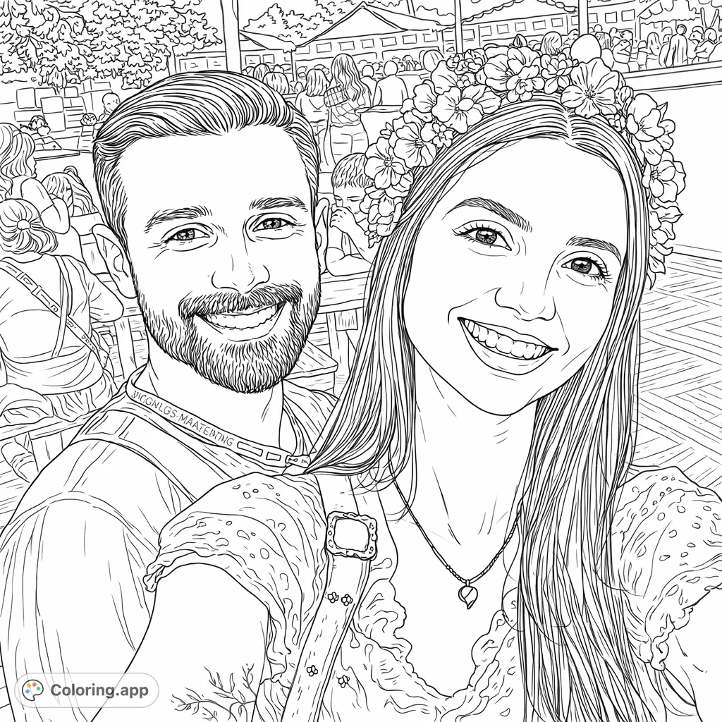 A joyful couple in traditional attire, featuring an elaborate floral crown, smile at a lively festival. Perfect for celebrating cultural themes and detailed design.