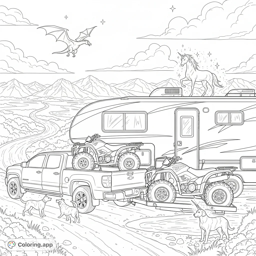 Hit the open road with a mighty truck, a spacious camper, and two rugged ATVs, ready for an epic journey through winding roads and majestic mountains.