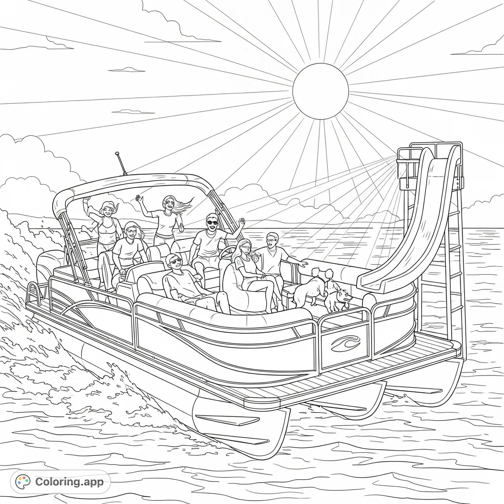 Experience the excitement of a pontoon boat speeding across a lake with people laughing, a waterslide, and sun. A fun, free printable pontoon boat coloring page.