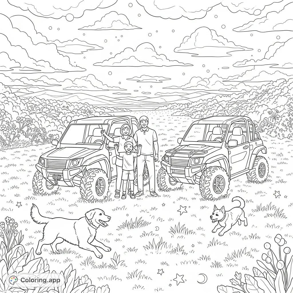 Join a joyful family, their playful dogs, and ATVs on a vast grassy field with rolling hills. A fun outdoor adventure scene for all ages.