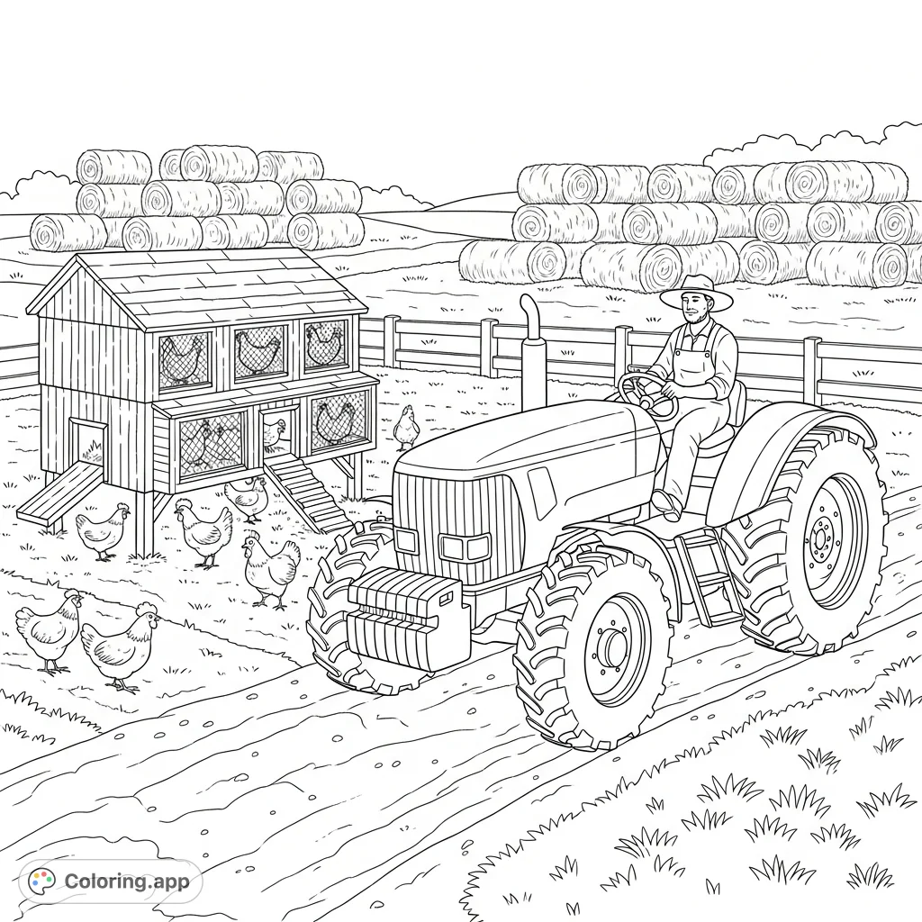 Explore a charming farm scene featuring a farmer on a sturdy tractor, a lively chicken coop, and neatly stacked hay bales, perfect for a peaceful farm coloring page adventure.