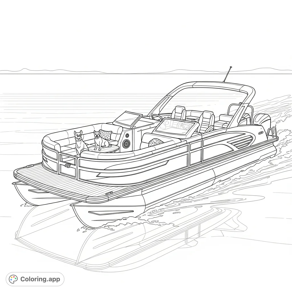Color a sleek, futuristic pontoon boat with sharp angles, polished accents, and minimalist design, gliding across shimmering water under a clear sky.
