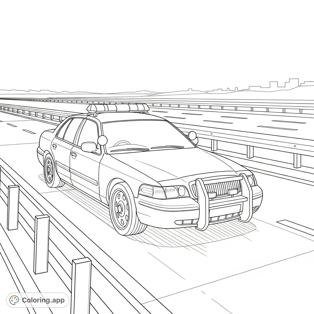 A detailed police car drives along a multi-lane highway with guardrails and distant buildings. Perfect for fans of emergency vehicles and road scenes.