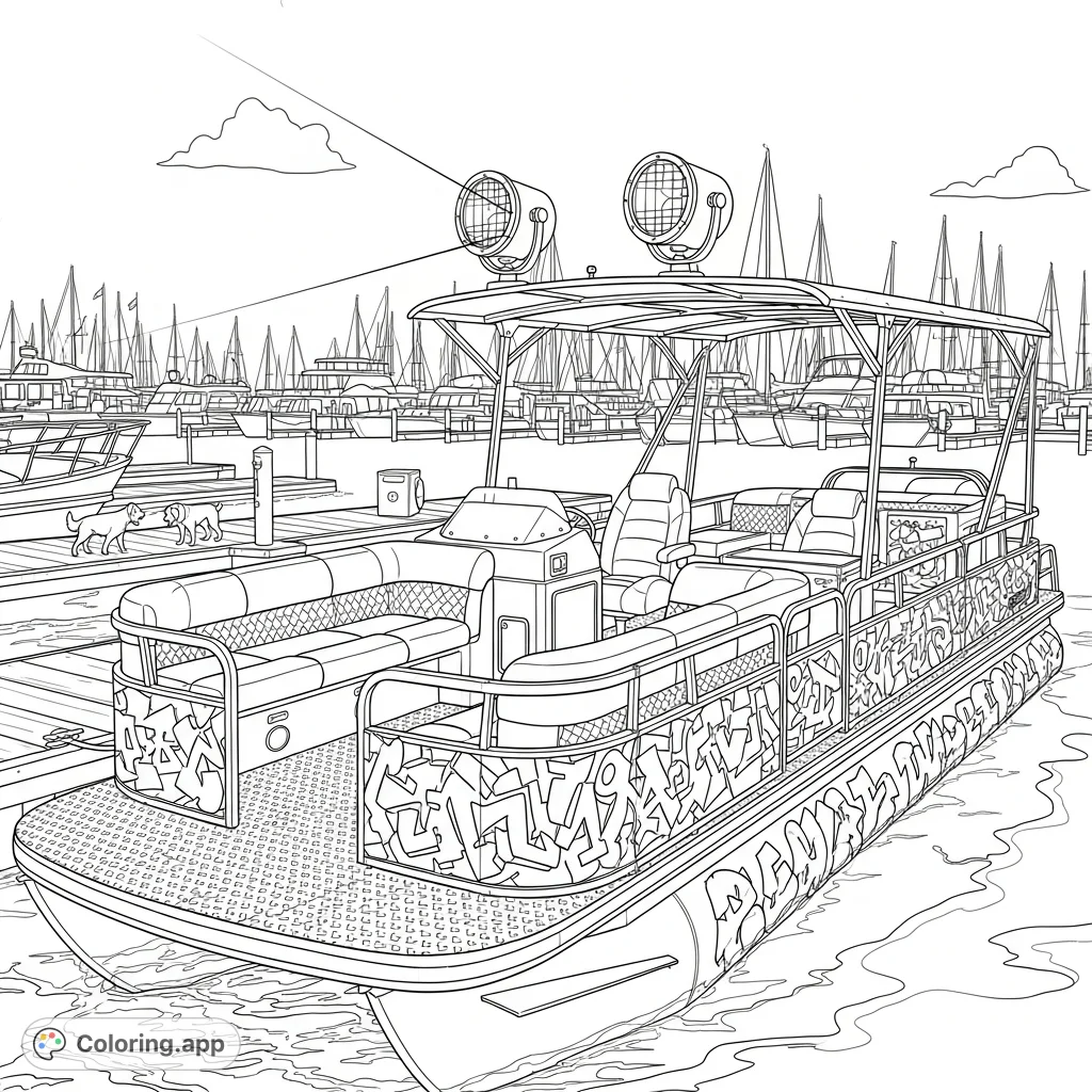 Explore a rugged industrial pontoon boat in a bustling marina, featuring exposed metal, diamond-plate, graffiti art, and powerful searchlights. A detailed scene for creative expression.