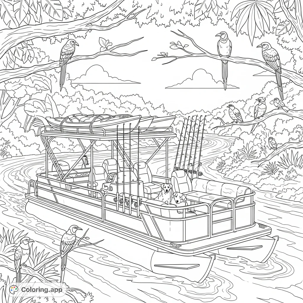 Navigate a winding river on an adventure-ready pontoon boat equipped with kayaks and fishing gear, surrounded by dense jungle and exotic birds. A thrilling free printable coloring page.