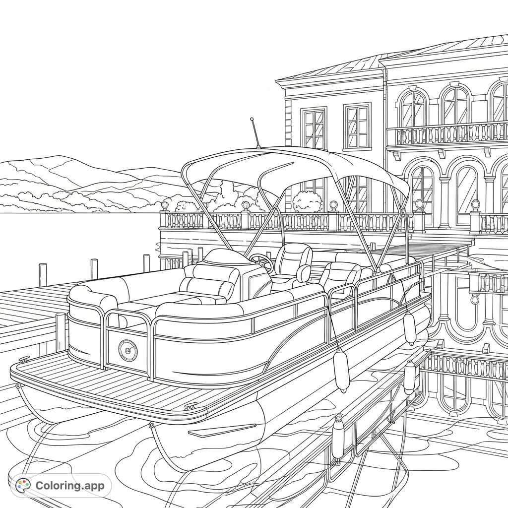 Explore a luxurious pontoon boat moored by a grand lakeside villa, with reflections on clear water and distant rolling hills. A detailed scene for immersive coloring.