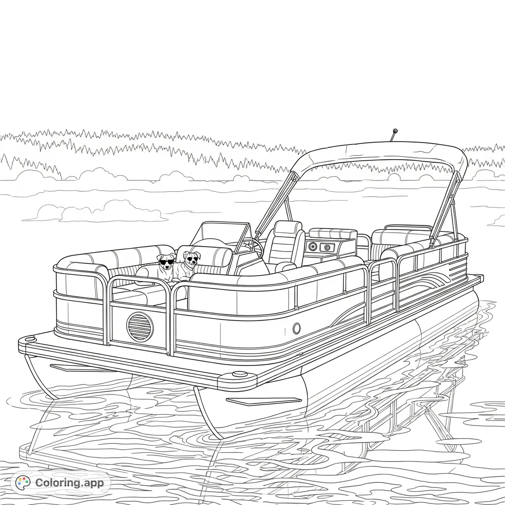 Capture the tranquility of a retro pontoon boat floating on a misty, glassy lake at dawn. Polished chrome and vintage upholstery details await your colors.