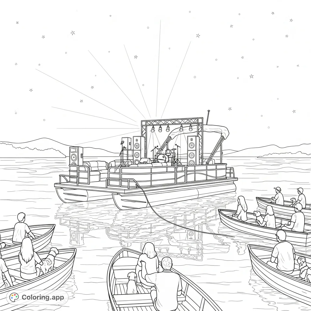 Immerse yourself in a serene river concert scene featuring a pontoon stage, gathered boats, and a sparkling starry sky. A unique musical journey awaits your creative touch.