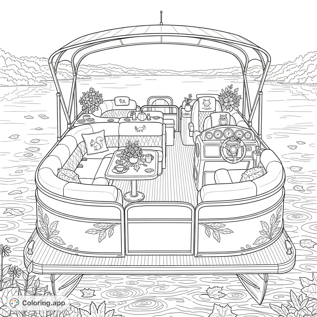 Discover a cool pontoon boat on calm waters with spacious seating and a stylish canopy. Perfect for relaxation and creative coloring.