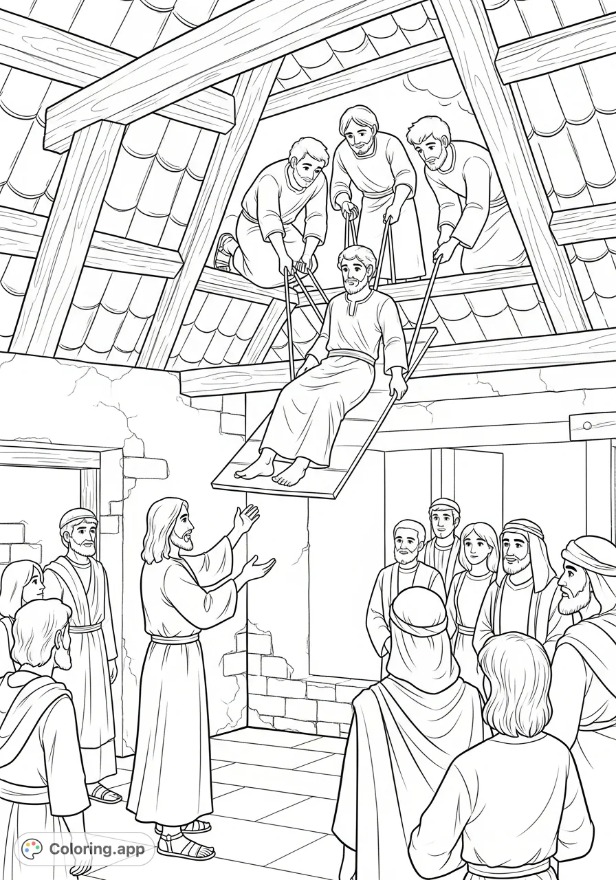 Witness the biblical miracle of Jesus healing the paralyzed man, as four devoted friends lower him through a roof for a moment of profound hope.