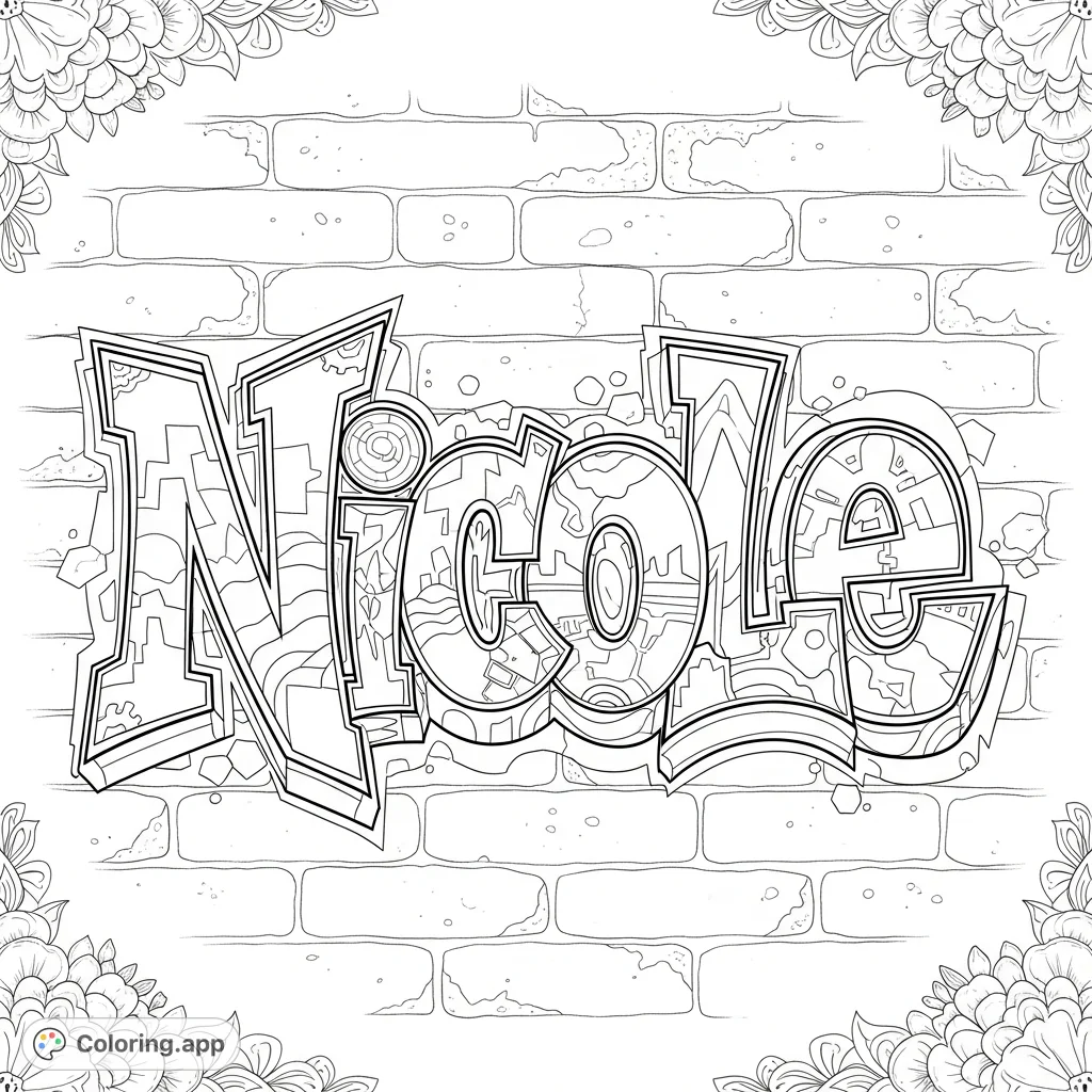 Intricate graffiti art spells 'Nicole' on a textured brick wall, featuring stylized letters with dynamic shapes and detailed patterns, perfect for coloring.