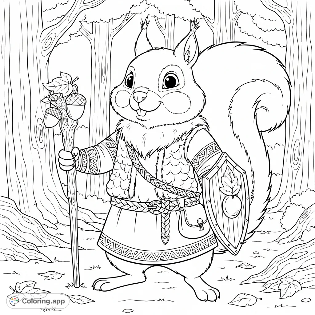 An endearing cartoon squirrel, dressed in detailed Nordic attire, embodies a D&D character, poised for adventure. A charming free printable coloring page!