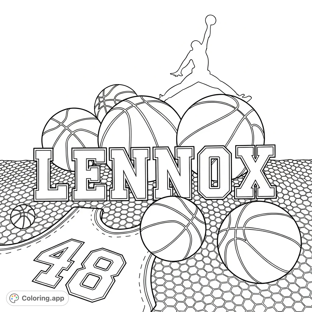 A dynamic LENNOX basketball tribute featuring bold lettering, multiple basketballs, a detailed net, a classic jersey number, and an iconic Jordan symbol.