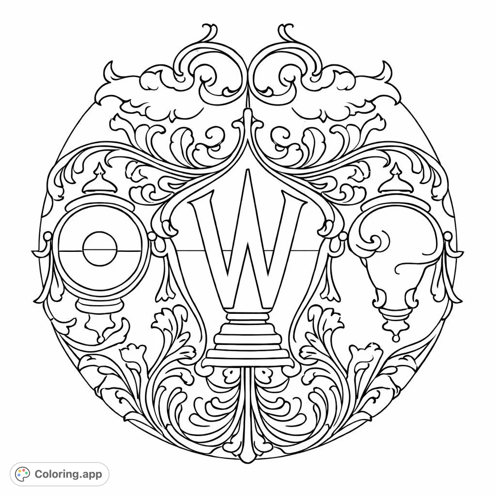 Discover a symmetrical spiritual motif featuring a prominent U-shaped symbol flanked by ornate vessels and intricate floral scrollwork within a circular frame.