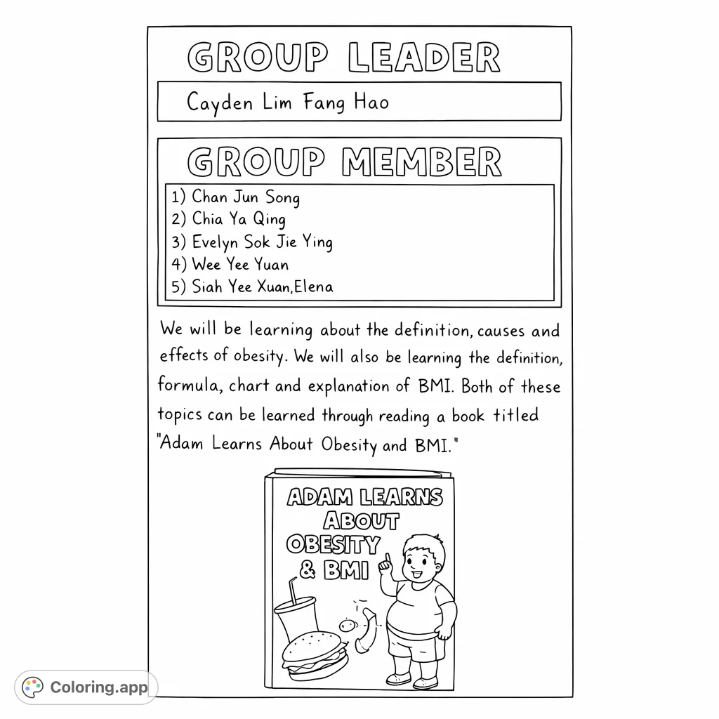 Color Adam's health book cover featuring a cheerful character giving a thumbs-up, surrounded by icons representing health and measurement. A fun educational page.