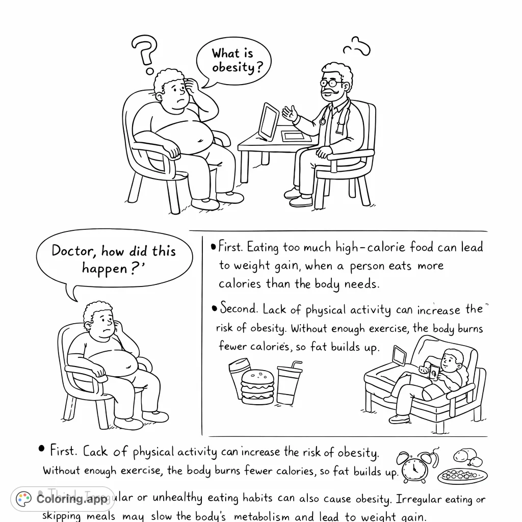 A health-focused coloring page depicting a patient's consultation with a doctor about obesity, ideal for educational discussion and mindful coloring.
