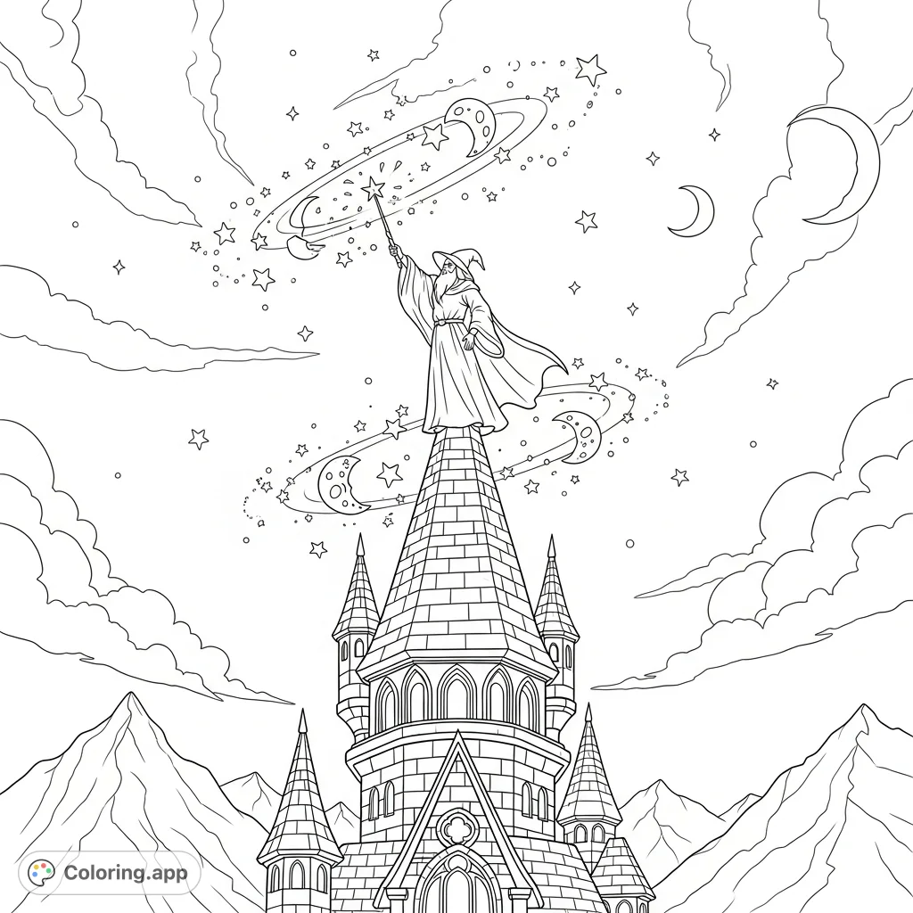 A detailed wizard coloring page featuring a robed wizard atop an ancient tower, casting a spell with a wand amidst swirling celestial magic and a starry night sky.