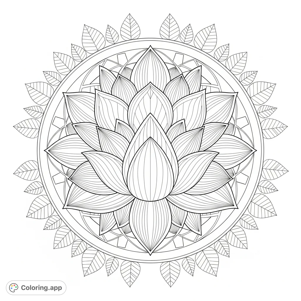 Discover serenity with this intricate lotus flower mandala featuring symmetrical petals, abstract geometric designs, and delicate leaves. A beautiful, detailed coloring page.