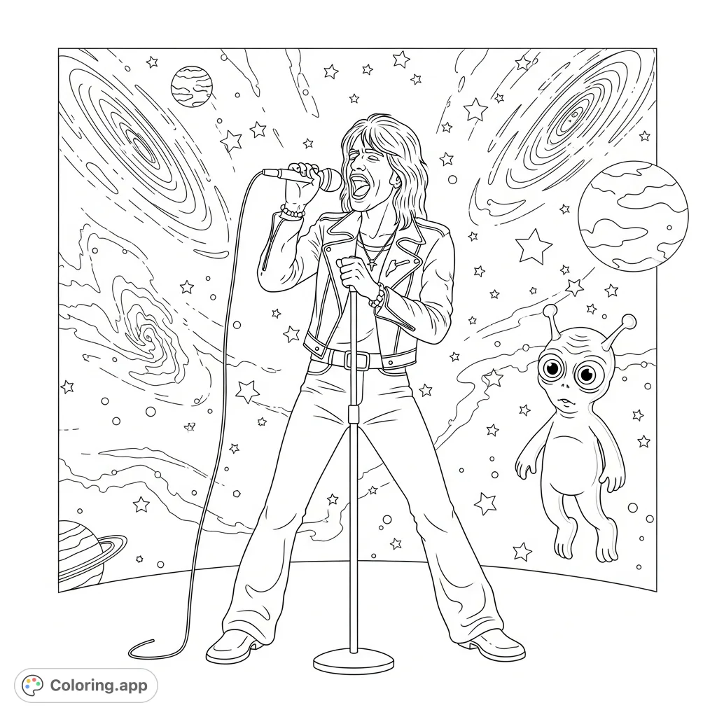 An epic fantasy coloring page featuring rock legend Steven Tyler singing in outer space with an alien audience. A unique cosmic rock 'n' roll scene.