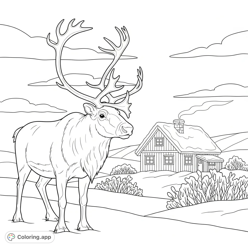 A charming reindeer stands in an arctic landscape, gazing towards a cozy cabin under a vast winter sky. A delightful reindeer coloring page for all ages.