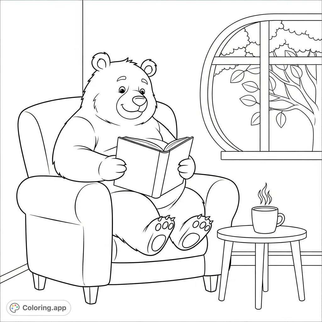 A charming bear enjoys a quiet moment, nestled in a plush armchair with an open storybook and a warm mug. Perfect for a relaxing coloring experience.