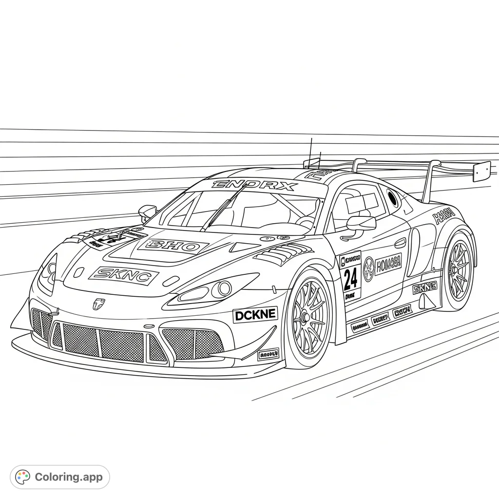 Unleash your creativity with this dynamic race car coloring page featuring a prominent spoiler and cool logo decals. Perfect for car enthusiasts!