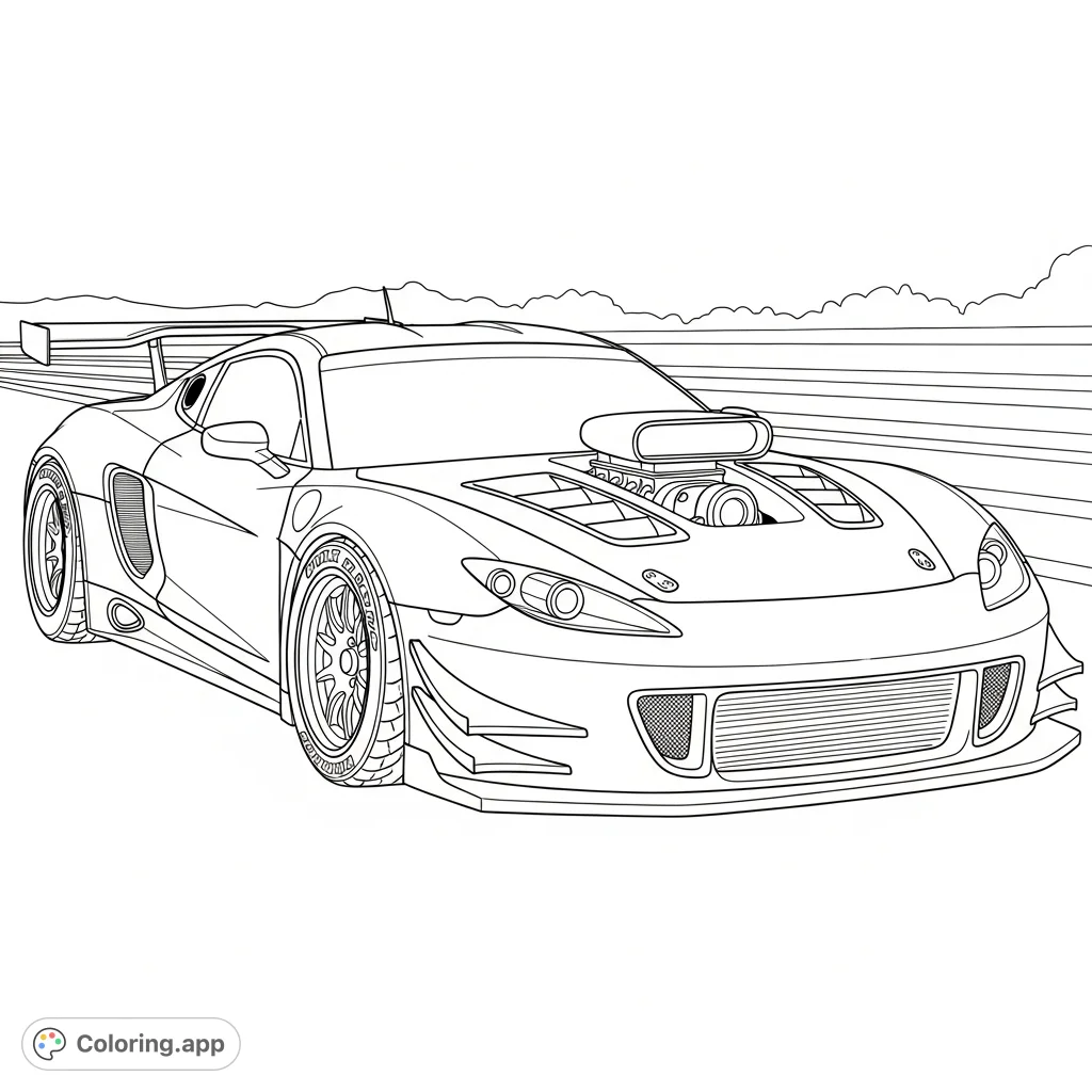 A dynamic race car featuring a large spoiler and hood scoop, poised for speed. Perfect for vehicle enthusiasts and aspiring racers.