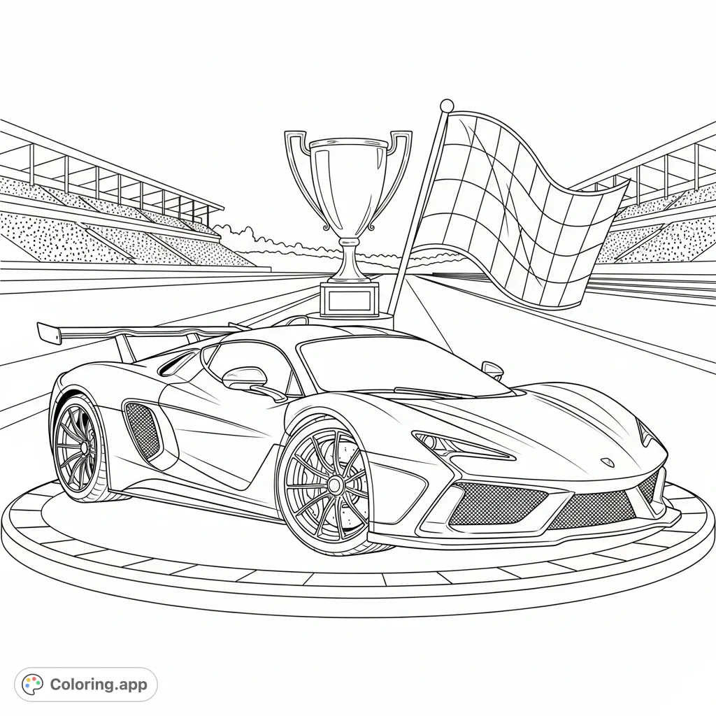Celebrate victory with this sports car coloring page! A sleek sports car shines in the winner's circle, complete with a trophy and checkered flag.