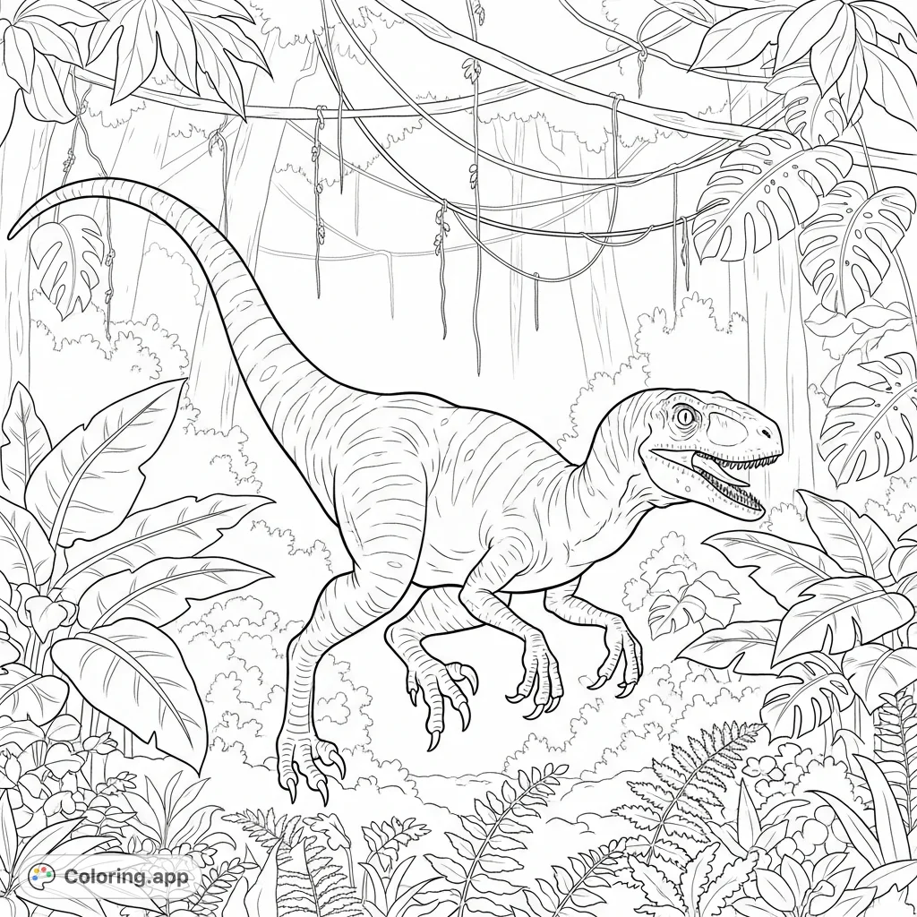 A dynamic velociraptor coloring page depicting the agile dinosaur playing in a lush, ancient jungle environment, surrounded by prehistoric plants.