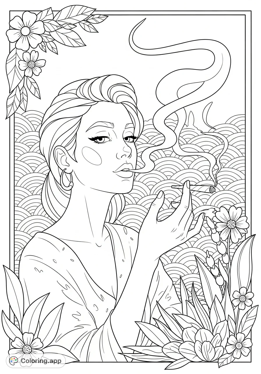 Discover a serene female figure enjoying a quiet moment, holding a joint and exhaling smoke. An adult coloring page for relaxation and creative expression.