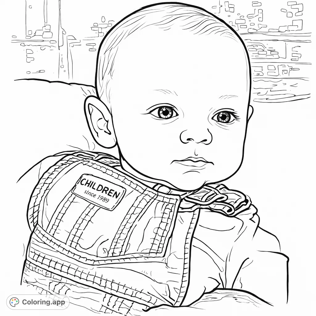 An endearing infant with a thoughtful expression, dressed in textured denim overalls and a collared shirt, perfect for a heartwarming coloring experience.