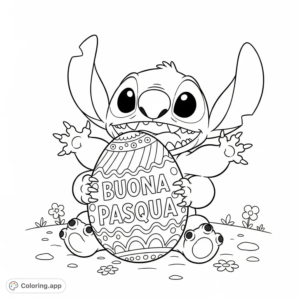 A delightful Stitch celebrates Easter, playfully interacting with a decorative egg bearing the cheerful message "Buona Pasqua". A fun, free printable coloring page for all!
