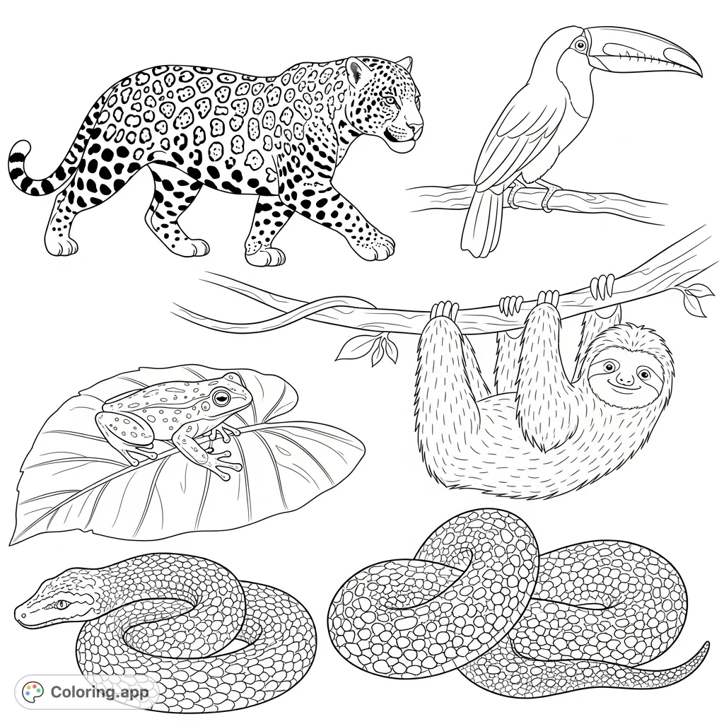 Discover a diverse collection of rainforest animals. Color a jaguar, toucan, sloth, frog, and anaconda, each with unique textures and forms.