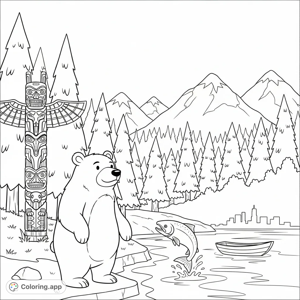 Explore British Columbia's majestic nature and wildlife! This charming coloring page features bears, salmon, mountains, totem poles, and a serene river.