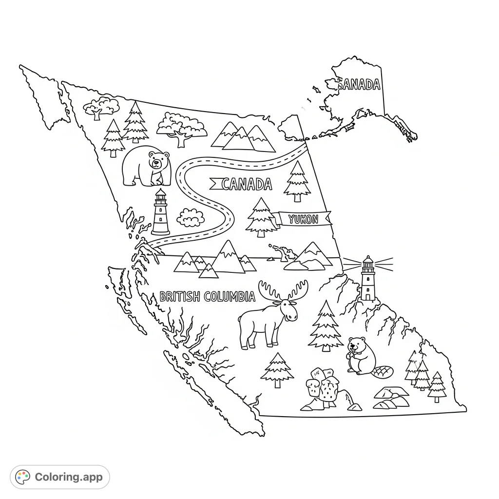 Explore a playful map of British Columbia and Yukon, featuring landmarks, wildlife, and a road to Alaska. A fun geography coloring page for kids.