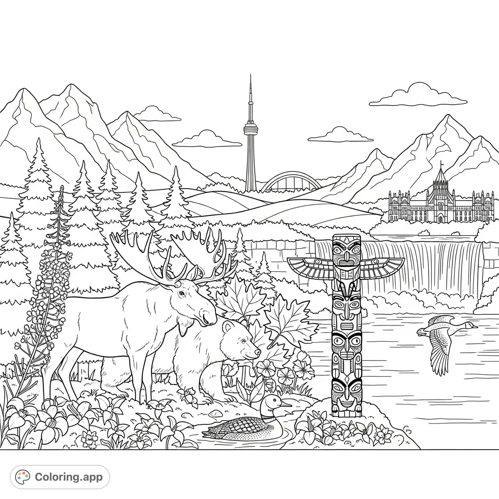 Explore Canada's natural beauty and iconic landmarks. This free printable Canadian landscape coloring page features diverse wildlife, majestic trees, vibrant flowers, and famous structures, perfect for an engaging coloring experience.